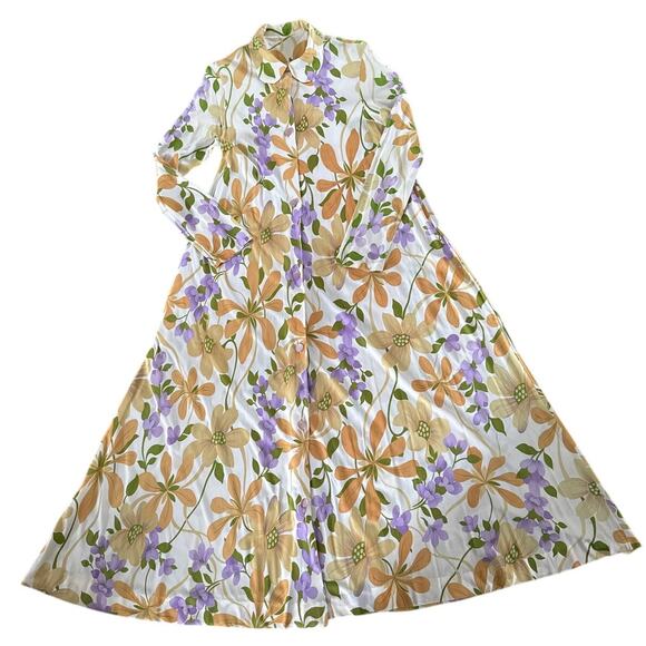 American Vintage unbranded 70's yellow Floral Maxi button down Dress medium - Picture 13 of 16